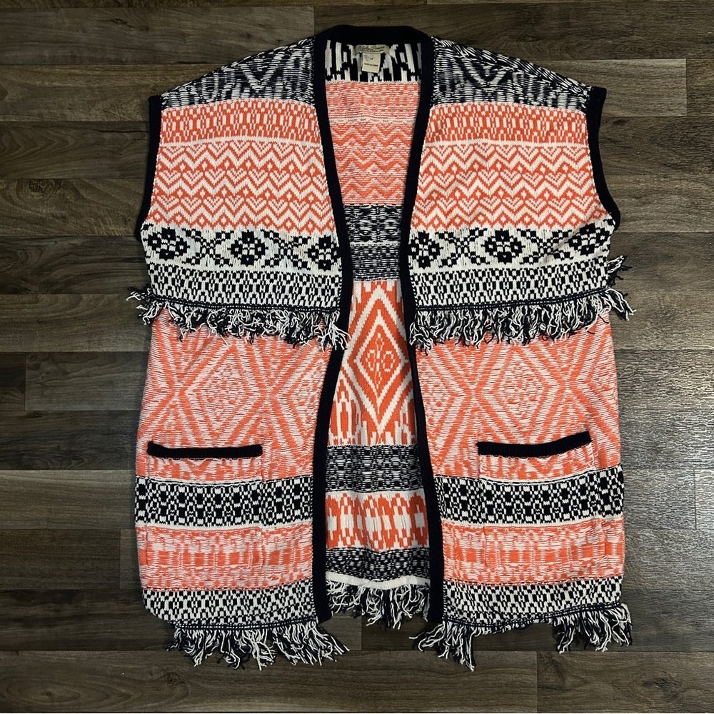 Lucky Brand Orange & Navy Fringe Jacquard Vest – Women’s M